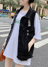Schwarze Patchwork-Jeansweste mit Knöpfen für den Herbst